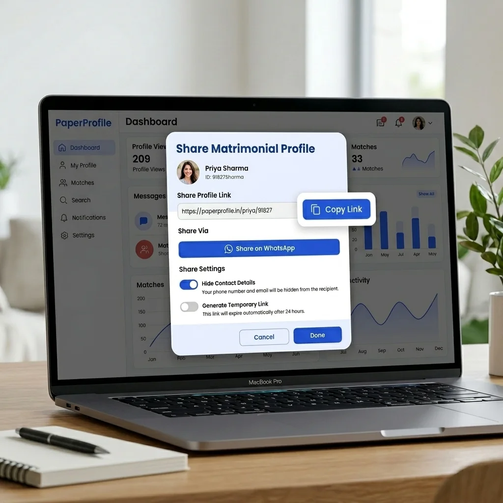 PaperProfile sharing settings page showing the copy link options and pre-composed WhatsApp message settings