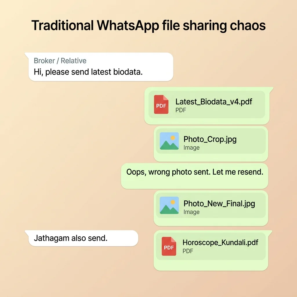 Traditional WhatsApp file sharing chaos showing multiple files and correction messages